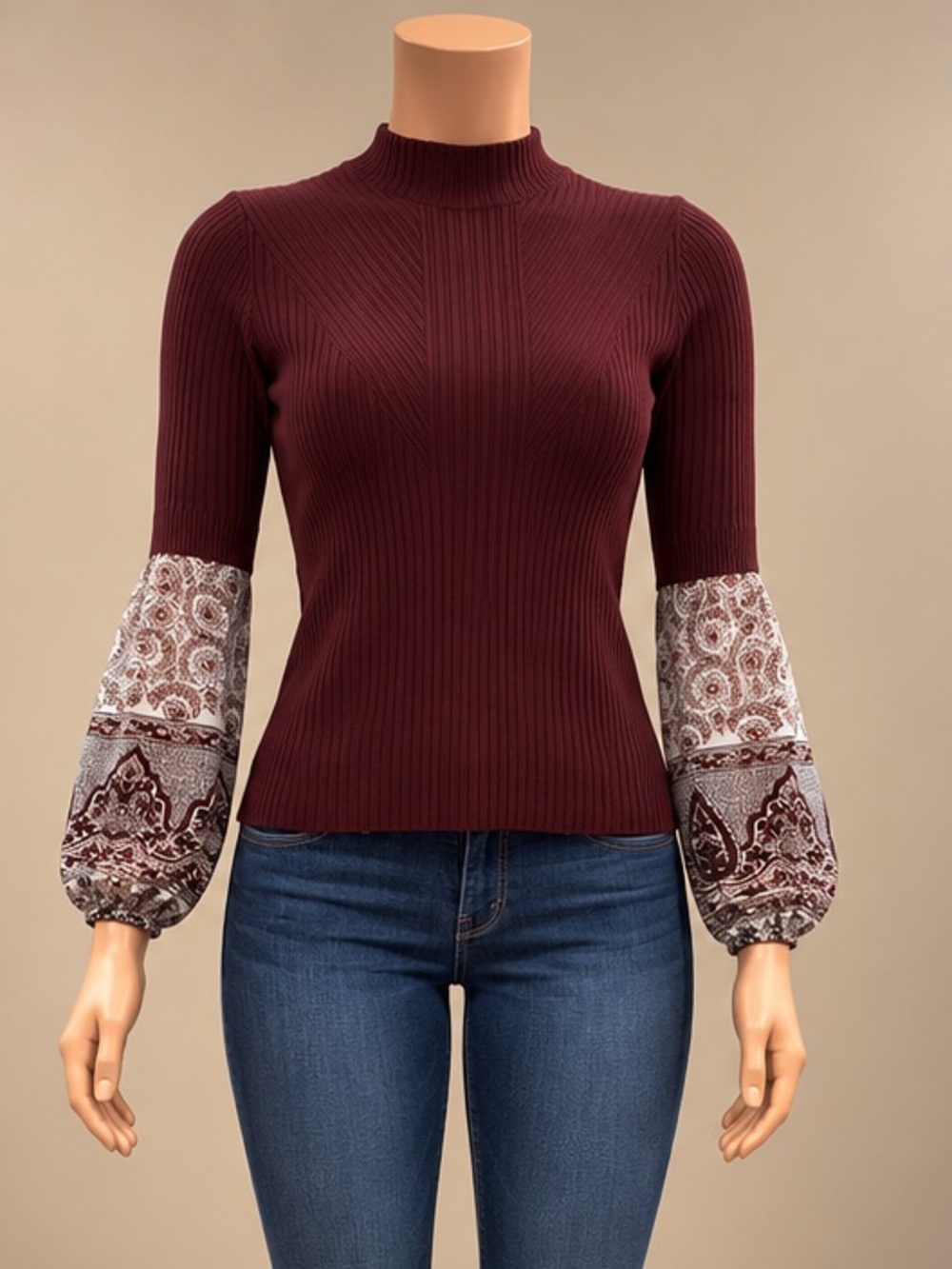 Veronica Beard Moon Mixed Media Ribbed Mock Neck Paisley Sweater XS Burgundy